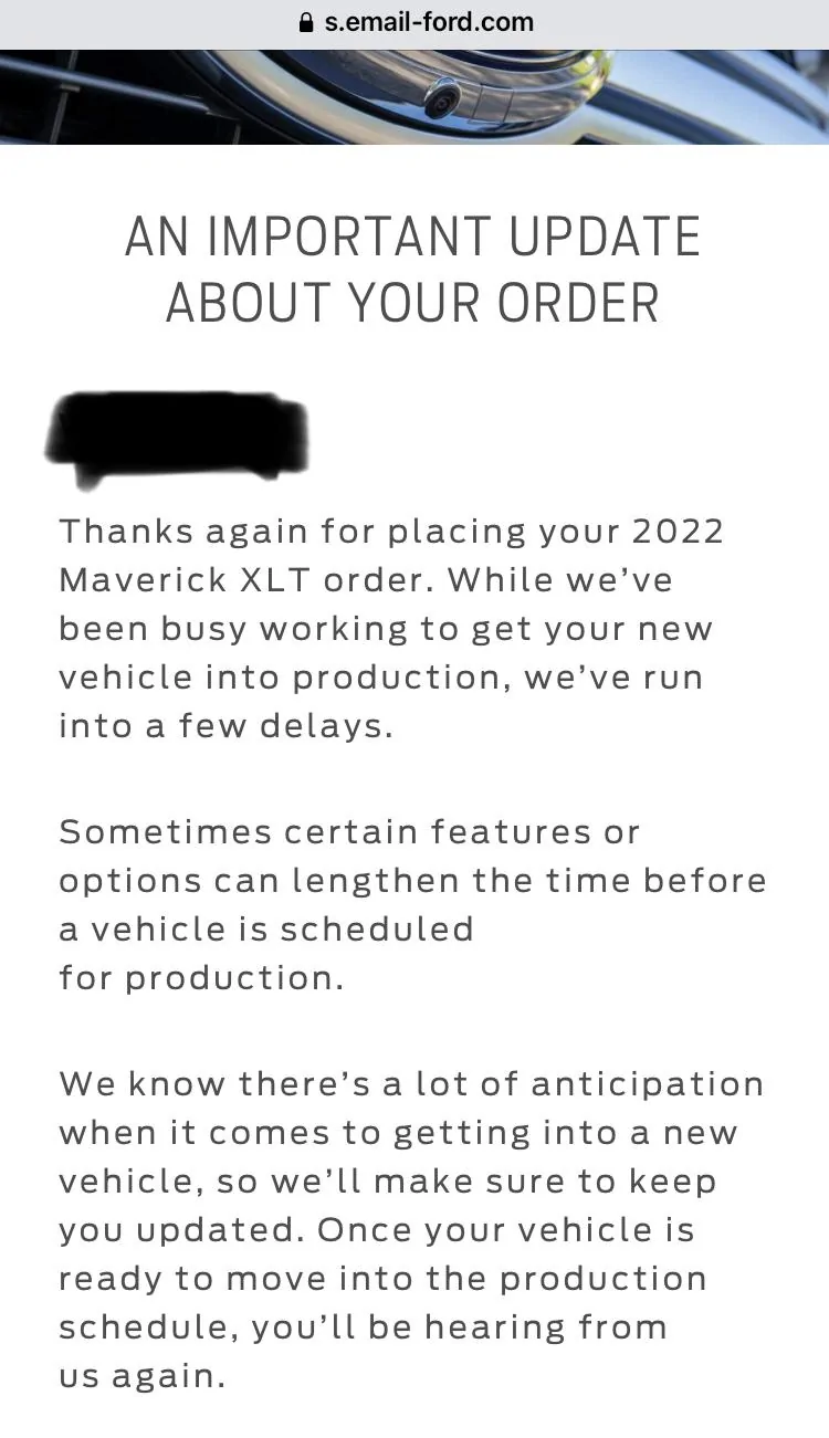 Ford Maverick Ford sends out (blanket spam) email -- "An Important Update About Your Order" 41AF6656-EA3F-4EC8-8AA1-795792C314AC