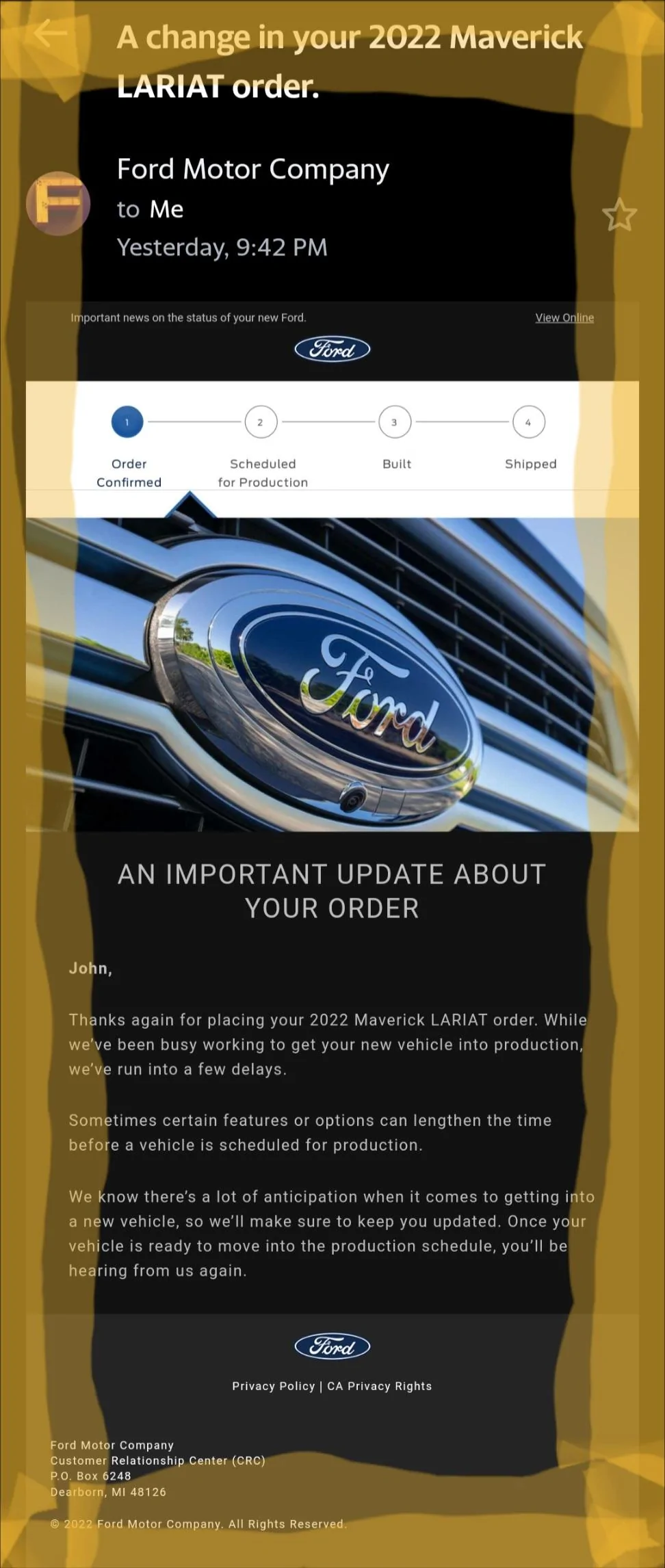 Ford Maverick Ford sends out (blanket spam) email -- "An Important Update About Your Order" Screenshot_20220319-081103_Yahoo Mail