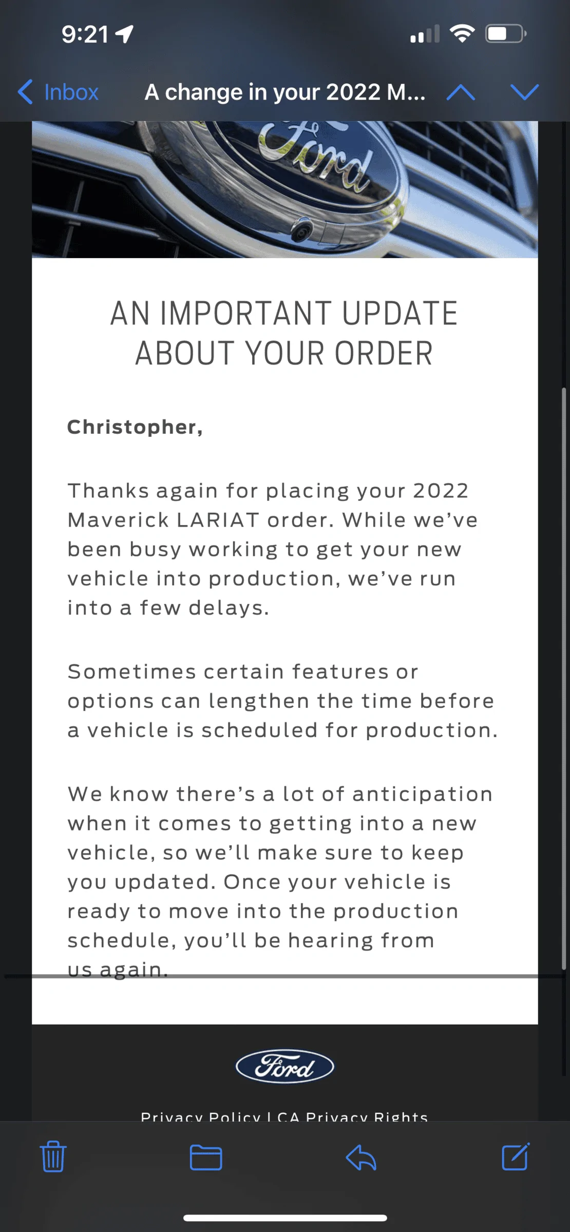 Ford Maverick Ford sends out (blanket spam) email -- "An Important Update About Your Order" B58849FD-6412-4D16-9BC2-05820A9D4D5A