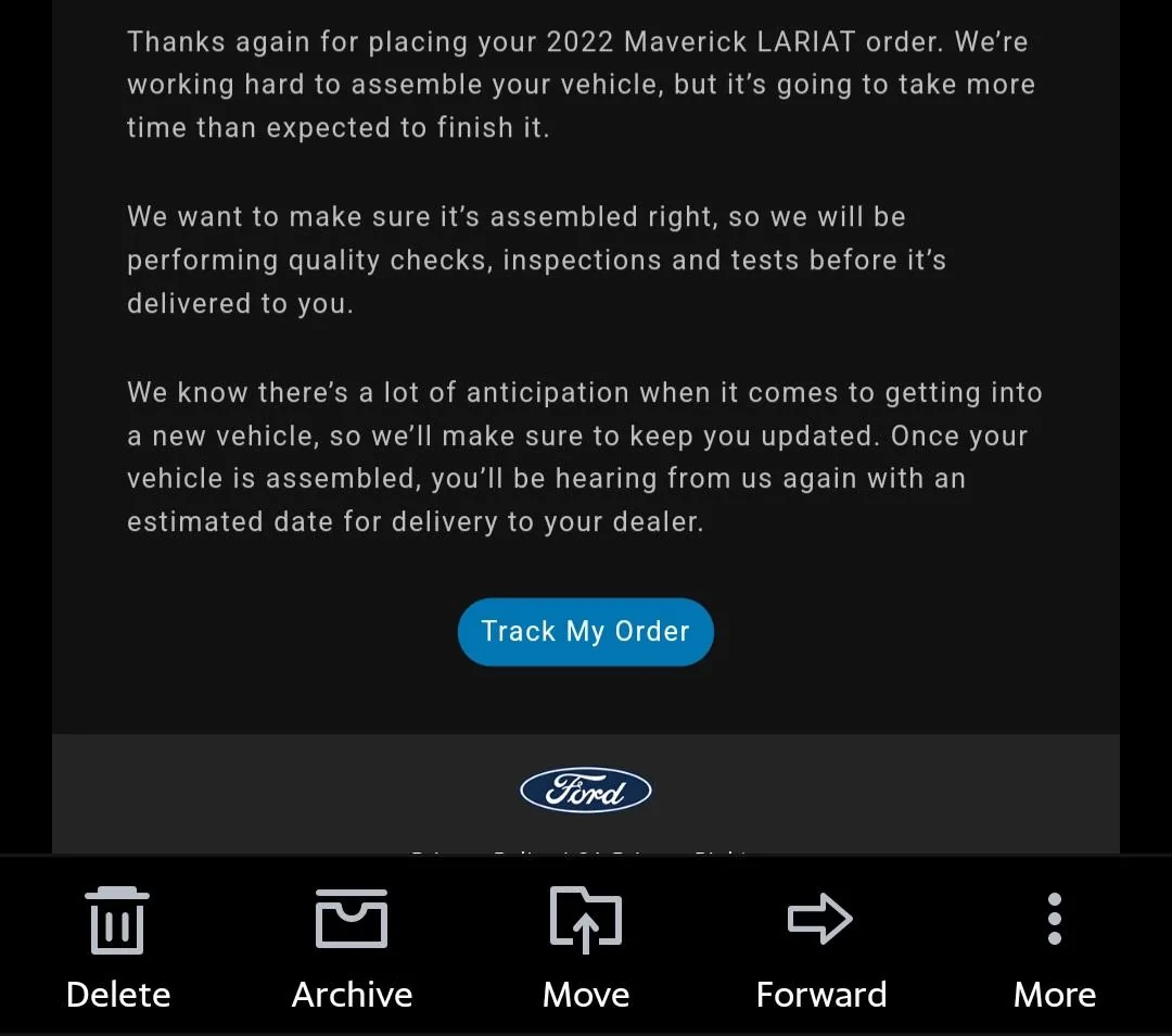 Ford Maverick Ford sends out (blanket spam) email -- "An Important Update About Your Order" Screenshot_20220319-114338_Yahoo Mail