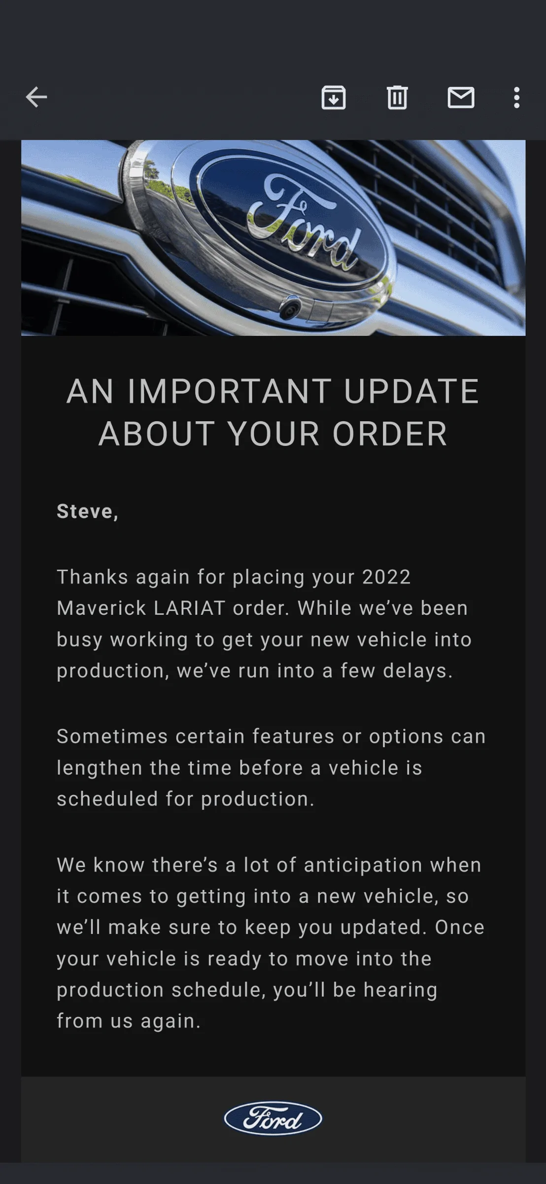Ford Maverick Ford sends out (blanket spam) email -- "An Important Update About Your Order" Screenshot_20220318-214613