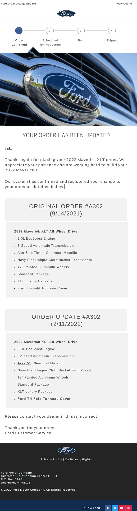 Ford Maverick New Scheduling Emails system -- will now be sent once vehicle gets a scheduled build day 1648739793644
