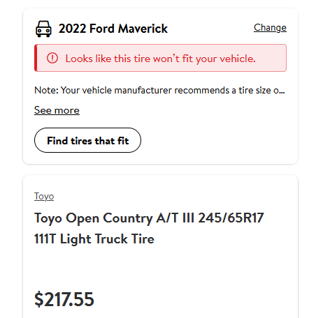 Ford Maverick Widest tires? toyo