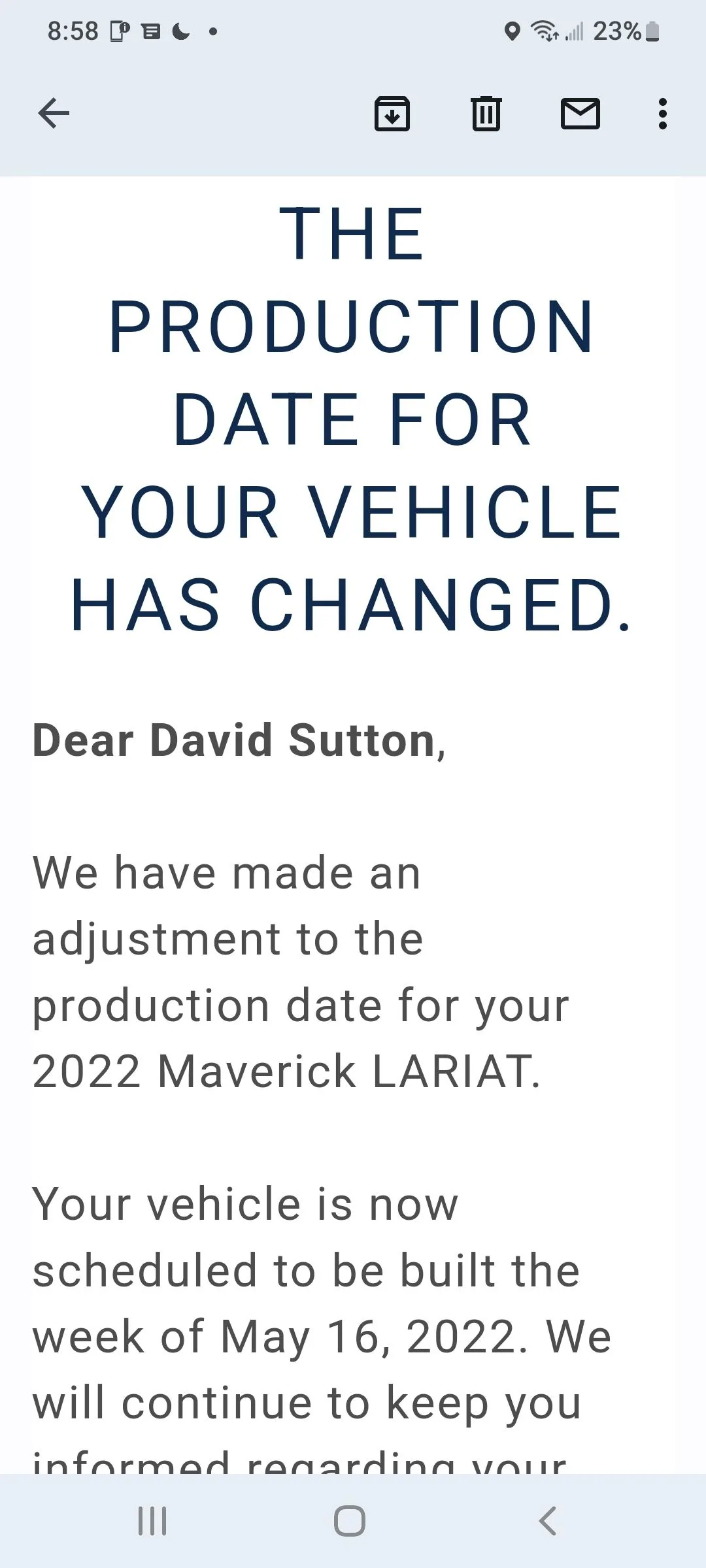 Ford Maverick First Reschedule Email + Here We Go Screenshot_20220422-205812_Gmail