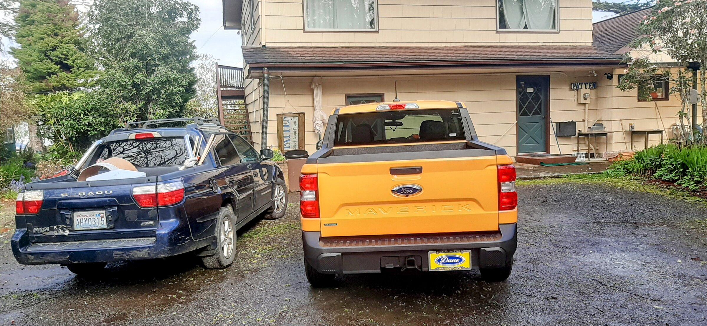 Ford Maverick Maverick size compared  to Subaru  Baja 20220420_173917~2