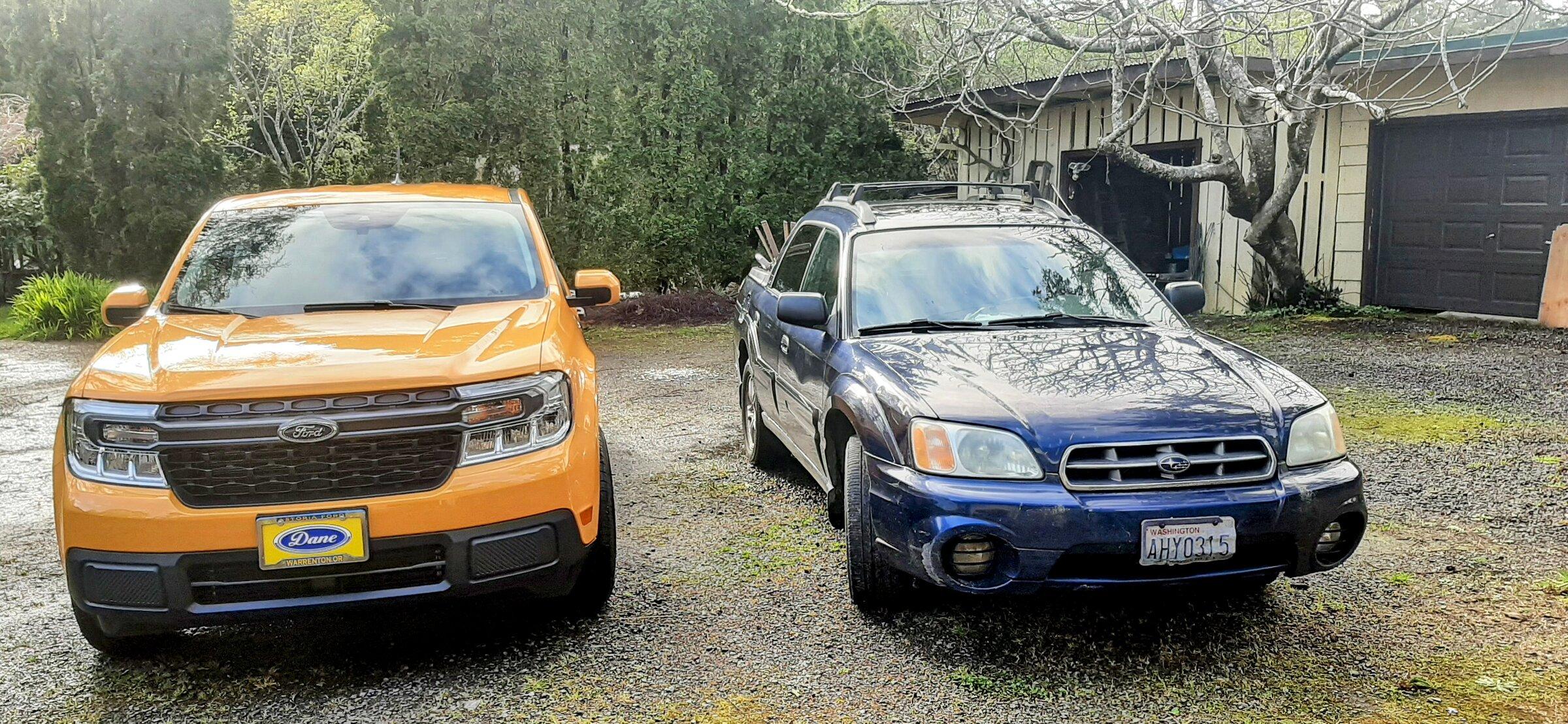 Ford Maverick Maverick size compared  to Subaru  Baja 20220420_173856~2