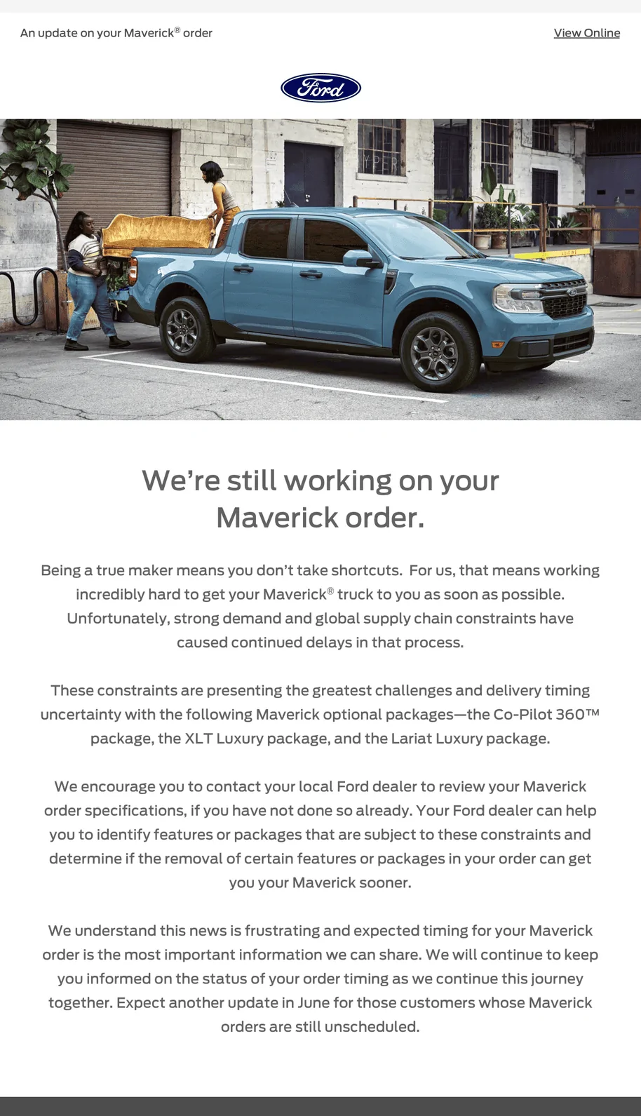 Ford Maverick Constraint Update Email Coming Today: Co-Pilot 360, XLT Luxury, Lariat Luxury 1650975148819