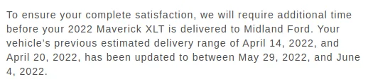Ford Maverick Truck has shipped - average travel time for delivery? 1651018606139