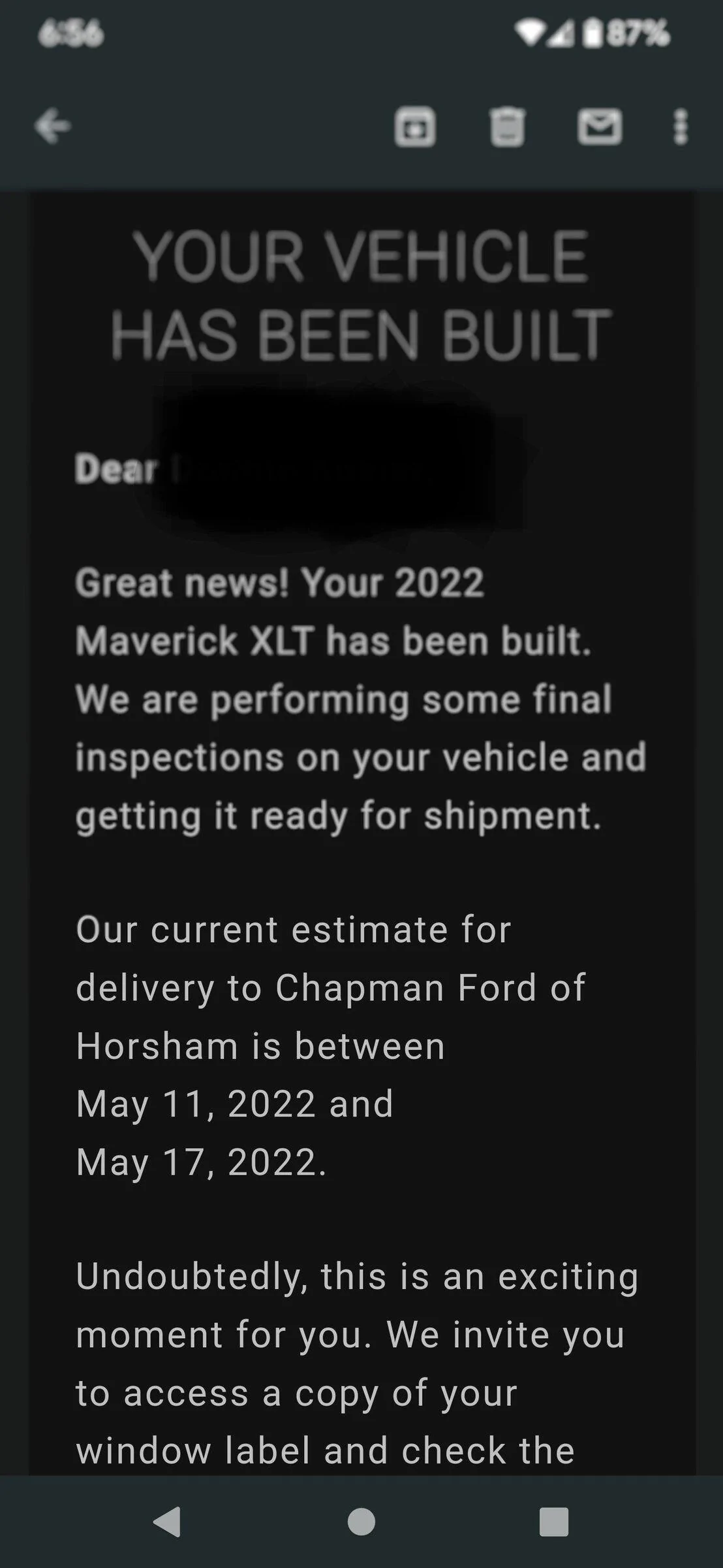 Ford Maverick Notification of build from FOMOCO? Screenshot_20220426-185606~2