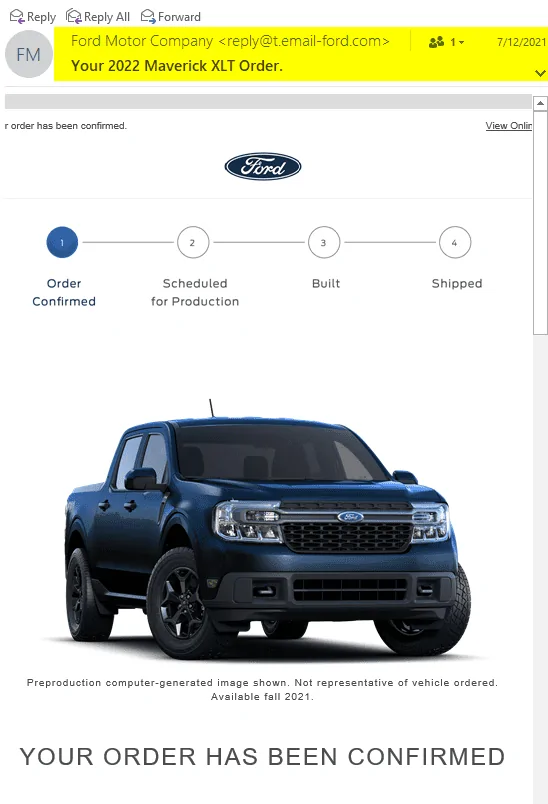 Ford Maverick Maverick scheduling this upcoming week (of 8/30) for production build weeks 10/18 and 10/25 1630123561893