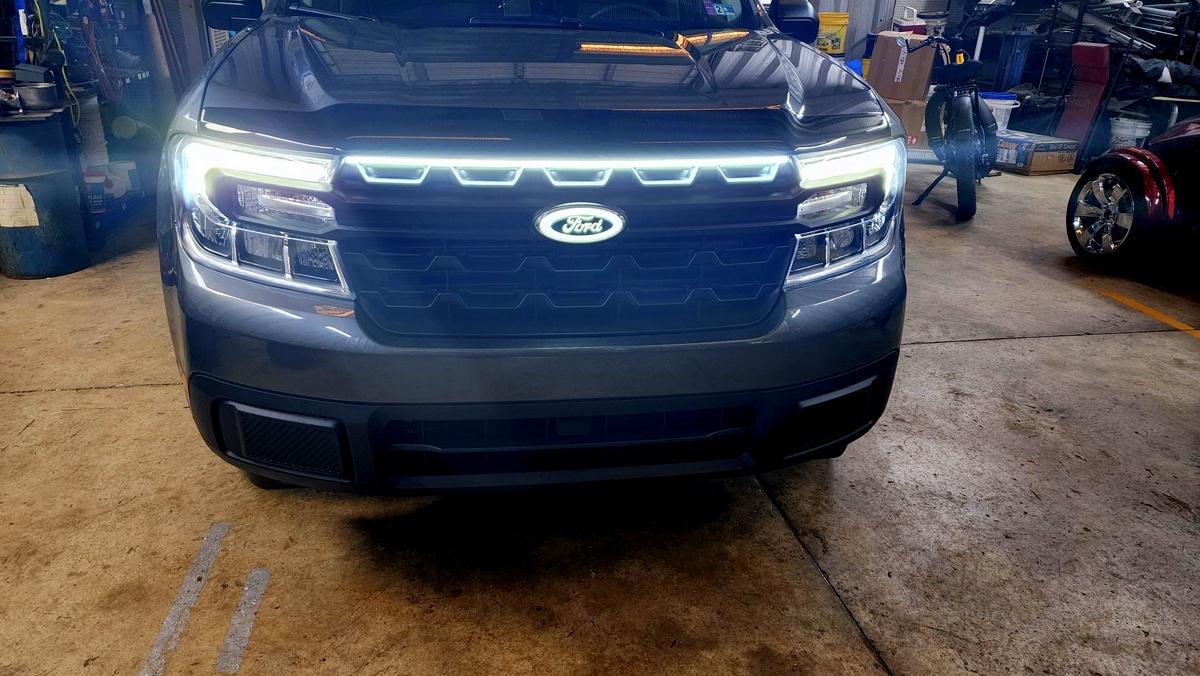 Ford Maverick Custom Lightning-style LED light bar strip added to Maverick grille 20220514_144603