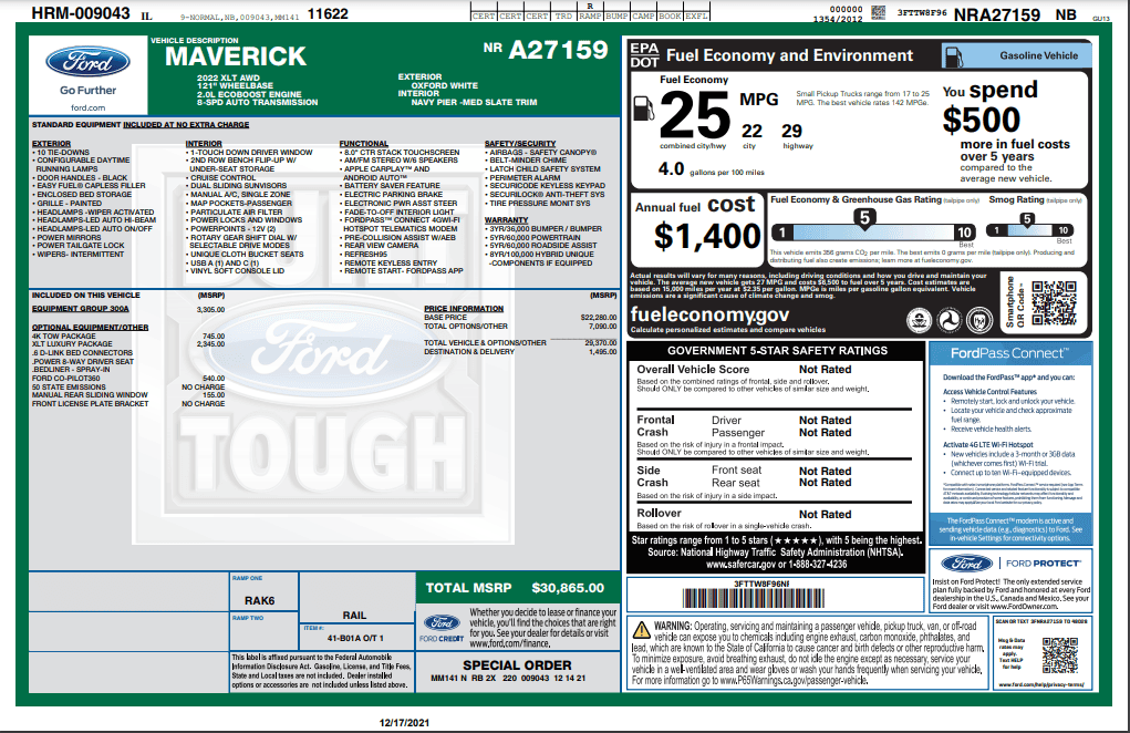 Ford Maverick MSRP vs. Actual Price Paid window sticker cropped