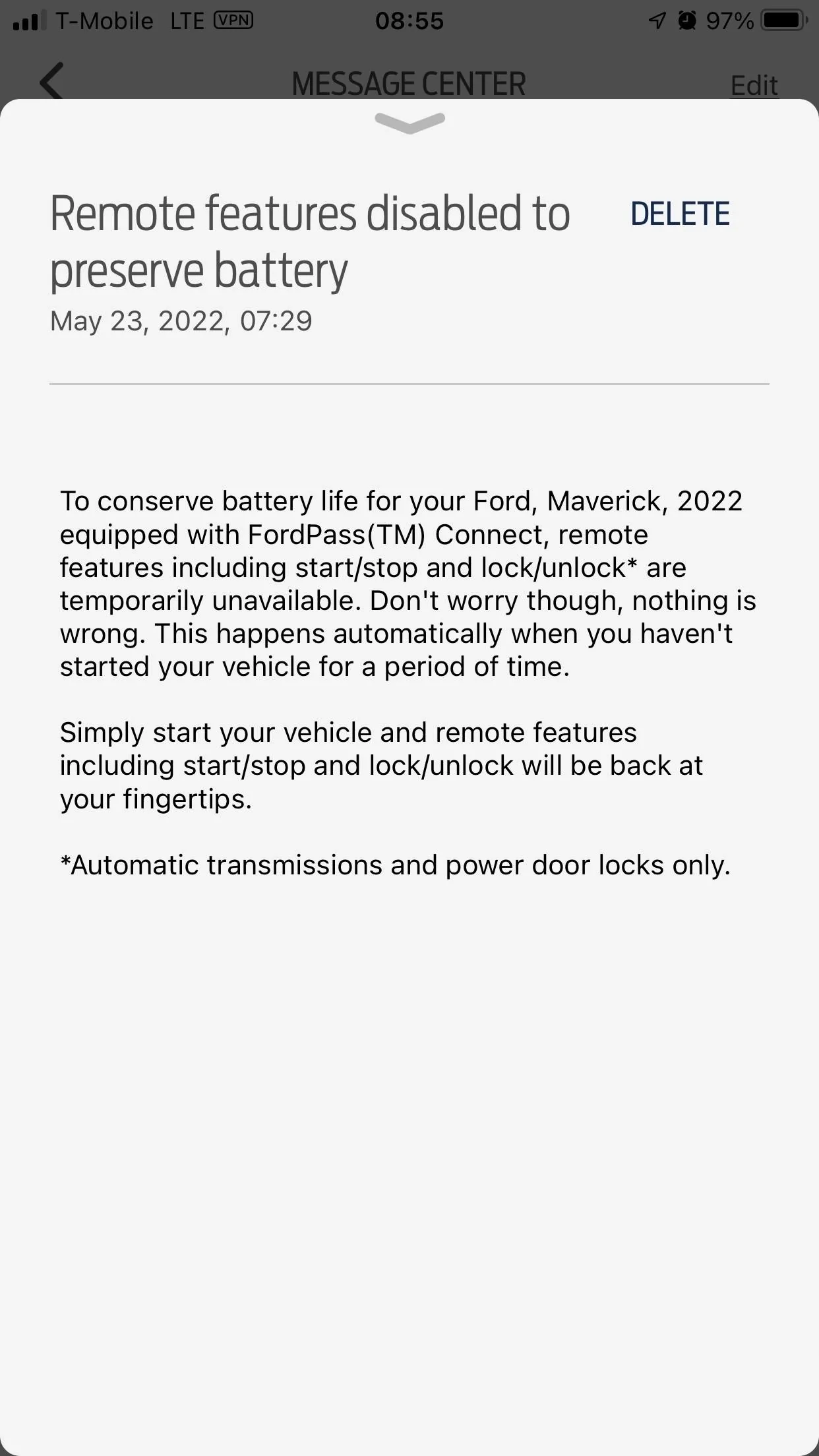Ford Maverick Alarm activated (twice) and Ford Pass alert screen shot
