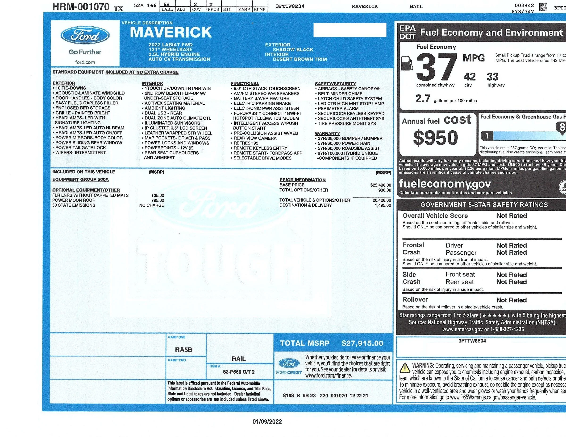 Ford Maverick Dead Maverick Hybrid with <2000 miles WindowStkrOnline_VinDelet