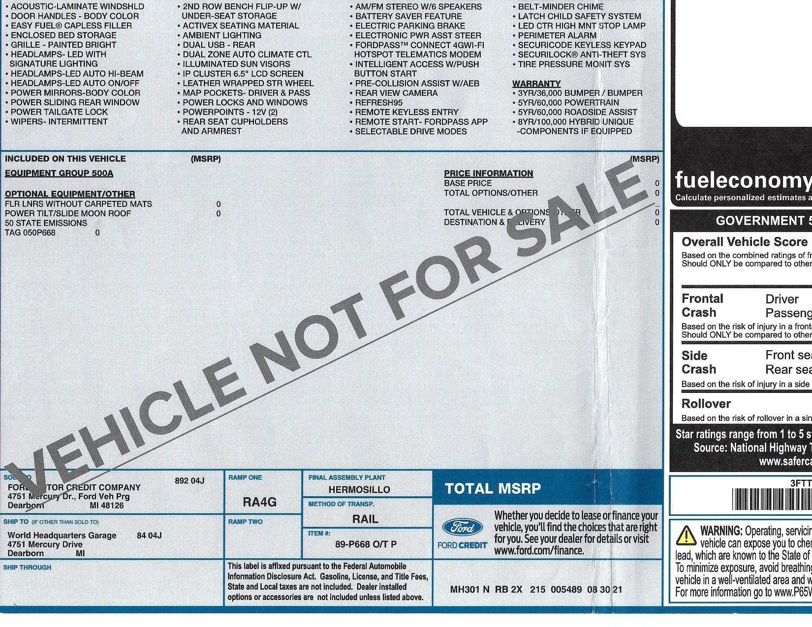 Ford Maverick Dead Maverick Hybrid with <2000 miles WindowStkrOnCarNotForSale