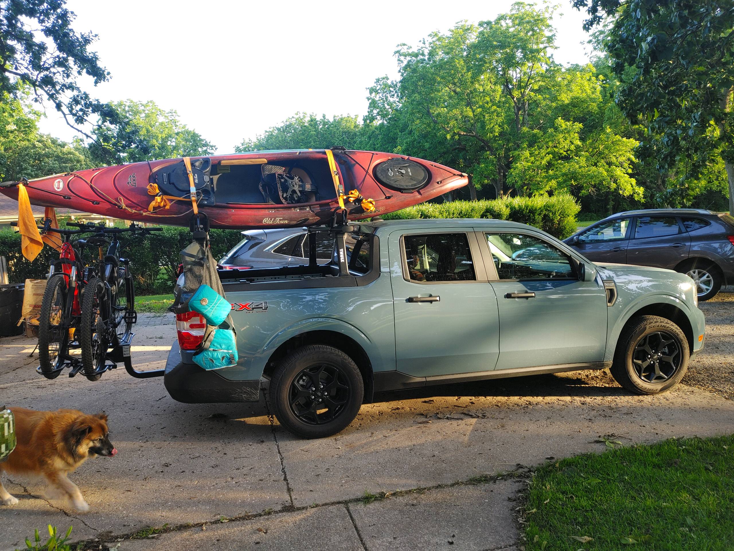 Ford Maverick Installed: Thule mid rack, old town loons, KAC K2 hitch rack, ant Trek powerfly 4 e-bikes 0614221932