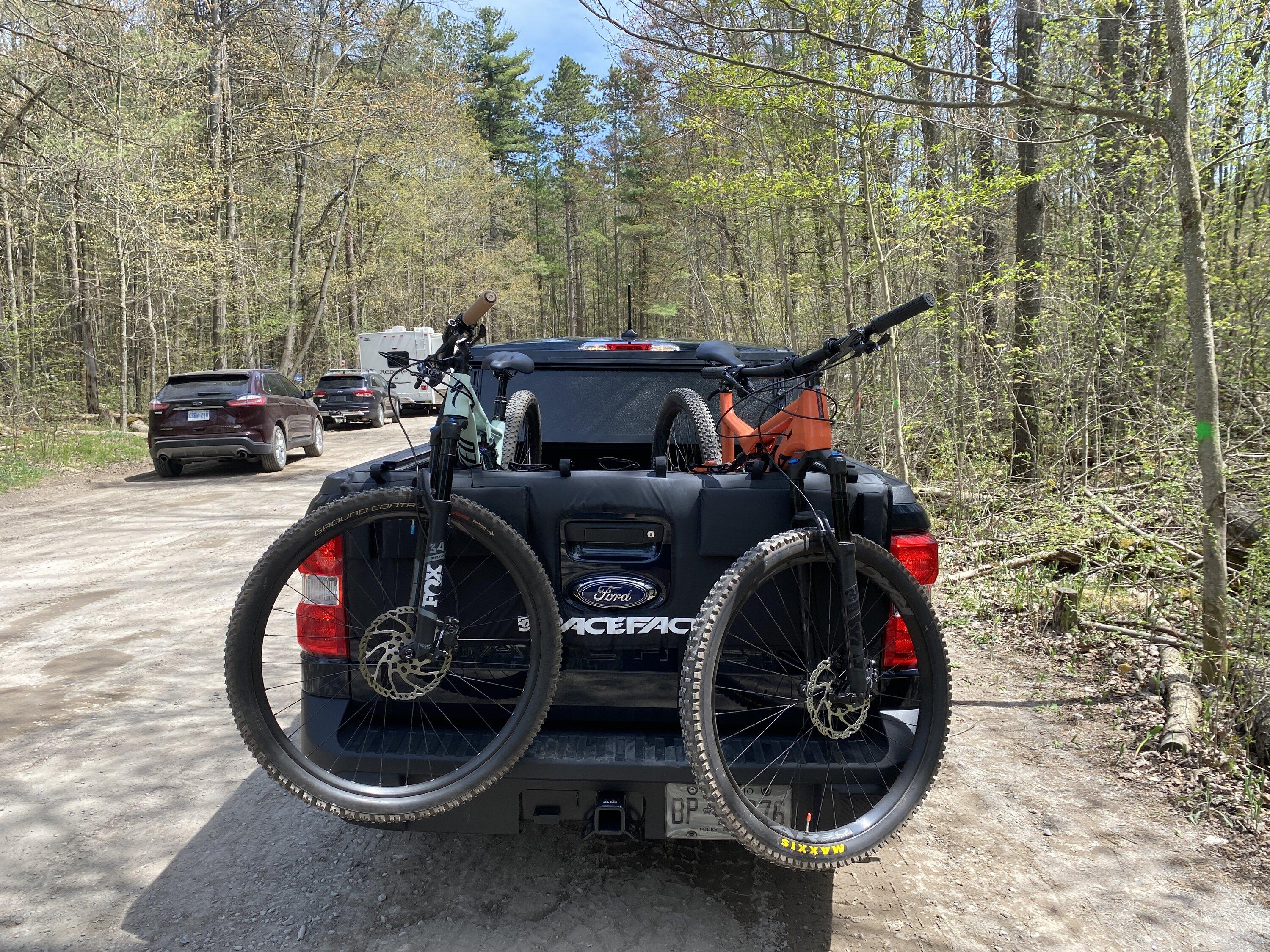 Ford Maverick Mountain bikes in bed with hard tri fold tonneau cover and tailgate pad 69A92E4A-AD2A-4FEE-9EDB-255615146AC0