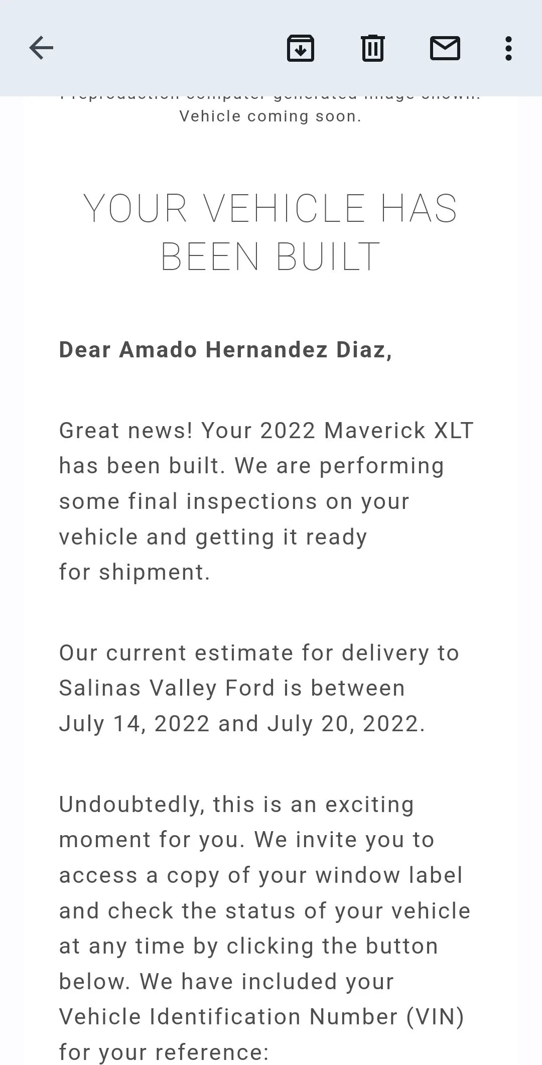 Ford Maverick How acurate is the delivery estimate? Screenshot_20220619-213913_Gmail