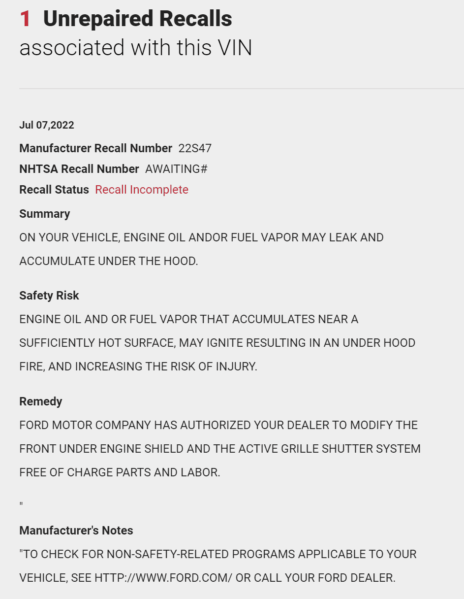 Ford Maverick New Maverick Recall: 2.5 Hybrid Engine Fire Hazard [Updated w/ Safety Recall Notice to Dealers] recall