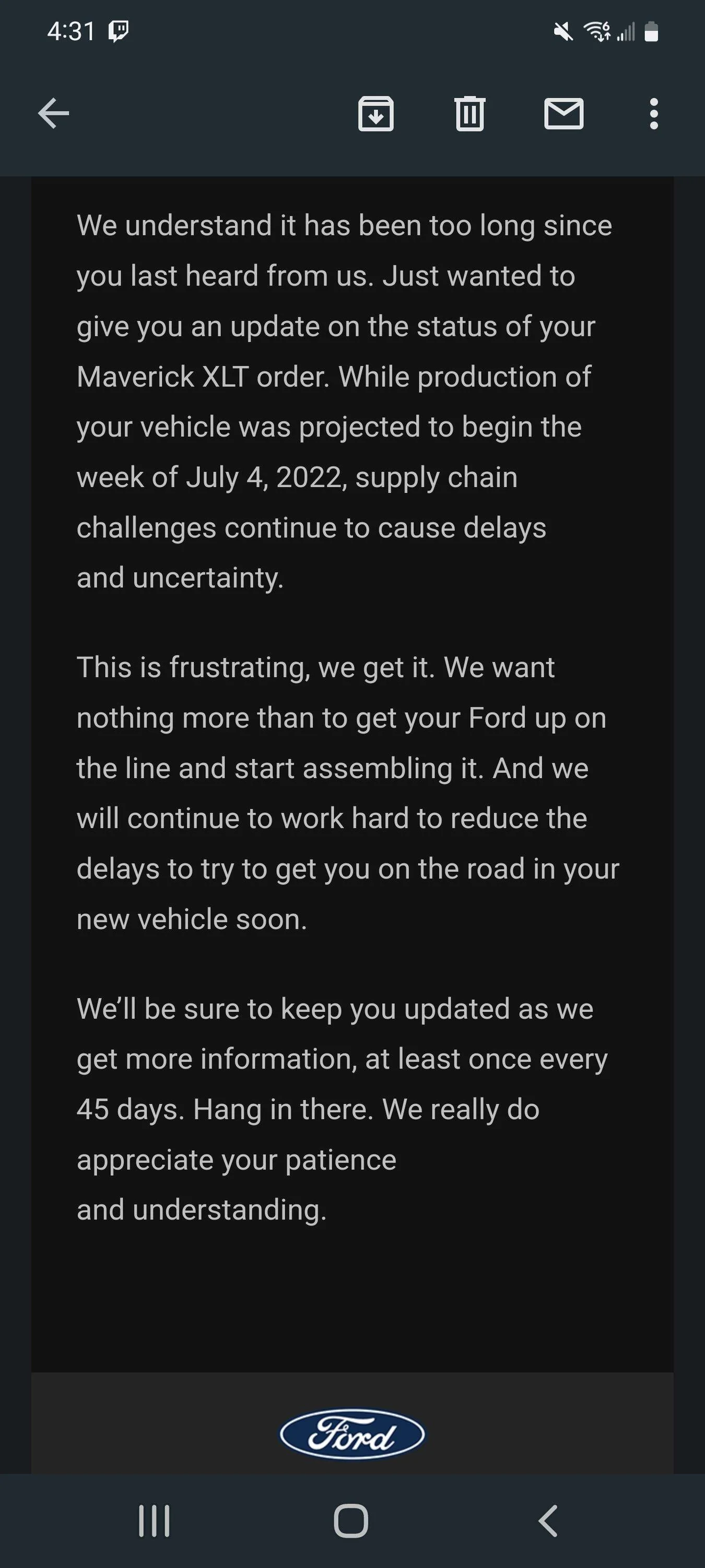 Ford Maverick 📬 New "we're sorry" delay email from Ford -- July 14, 2022 Screenshot_20220714-163122_Gmail