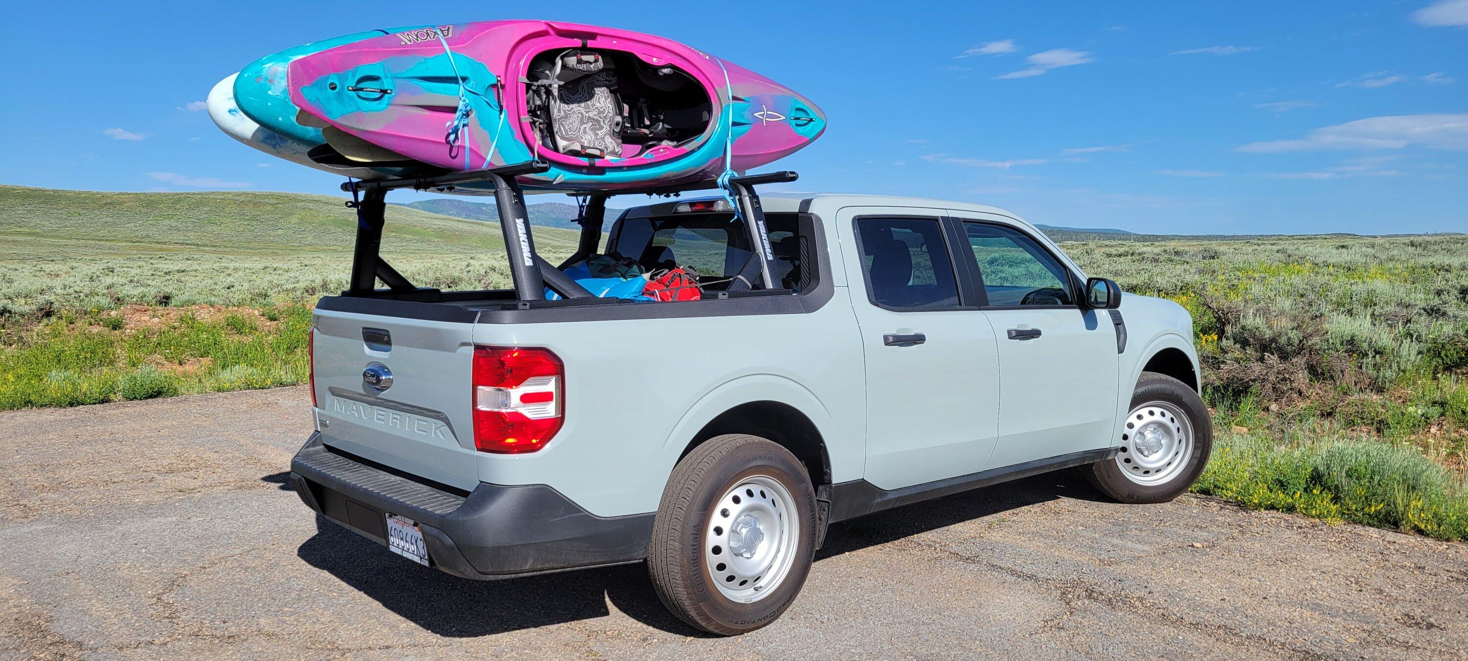 Ford Maverick Yakima Overhaul HD with 60" Crossbars installed on Maverick Ursa w:Kayaks