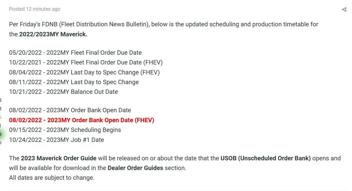 Ford Maverick 2023 Order Bank dates 2023 Maverick order bank opening