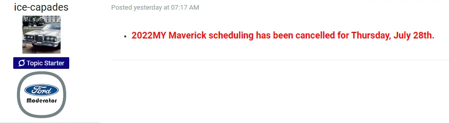 Ford Maverick ⏰ Maverick Scheduling Next Week (7/25) For Production Build Week 9/19 1659040400583