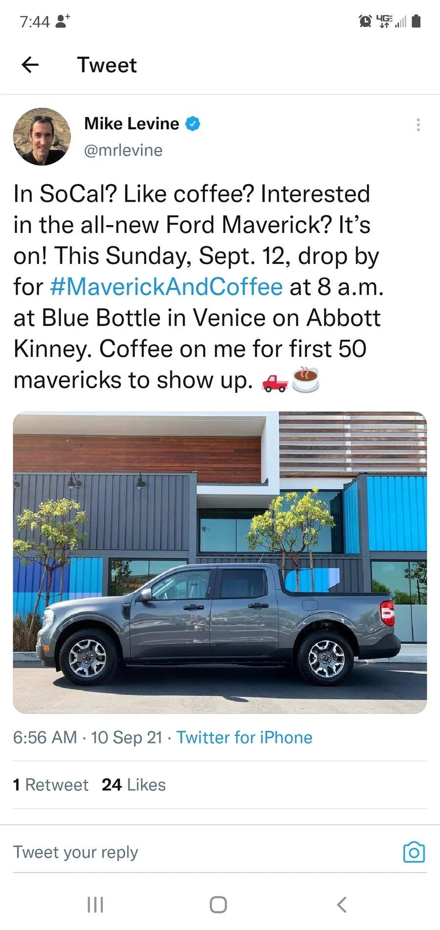 Ford Maverick Maverick viewing & free coffee at Blue Bottle in Venice, CA on Sept 12 Screenshot_20210910-074440_Twitter