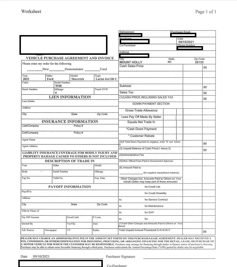 Ford Maverick Dealer asked me to sign a purchase agreement with NO pricing filled out Untitled