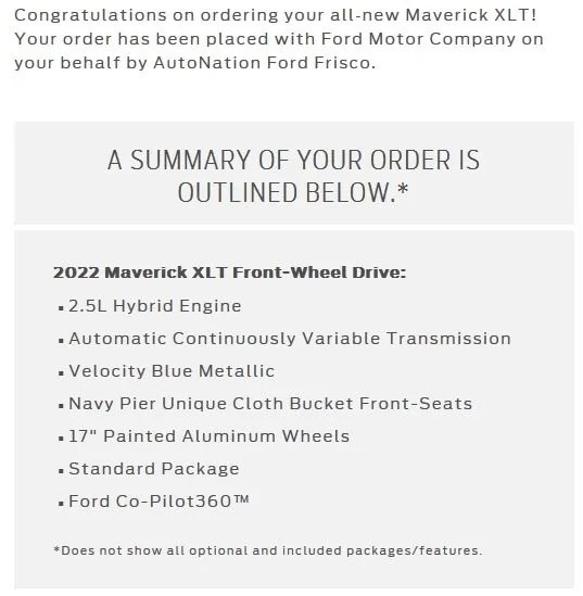 Ford Maverick 🧭 Track Your Maverick Order by VIN + Order Number [& Get Your Window Sticker] Maverick - Order Placed
