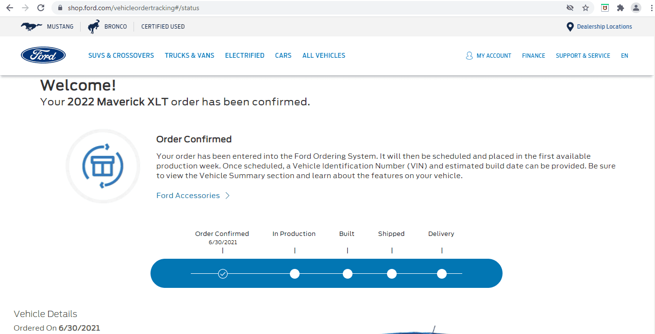 Ford Maverick Order tracker not showing on Ford account 1631545294469
