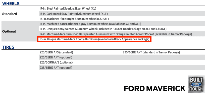 Ford Maverick 2023 Ford Maverick Tech Specs Includes Black Appearance Package Screen Shot 2022-08-02 at 2.38.13 PM