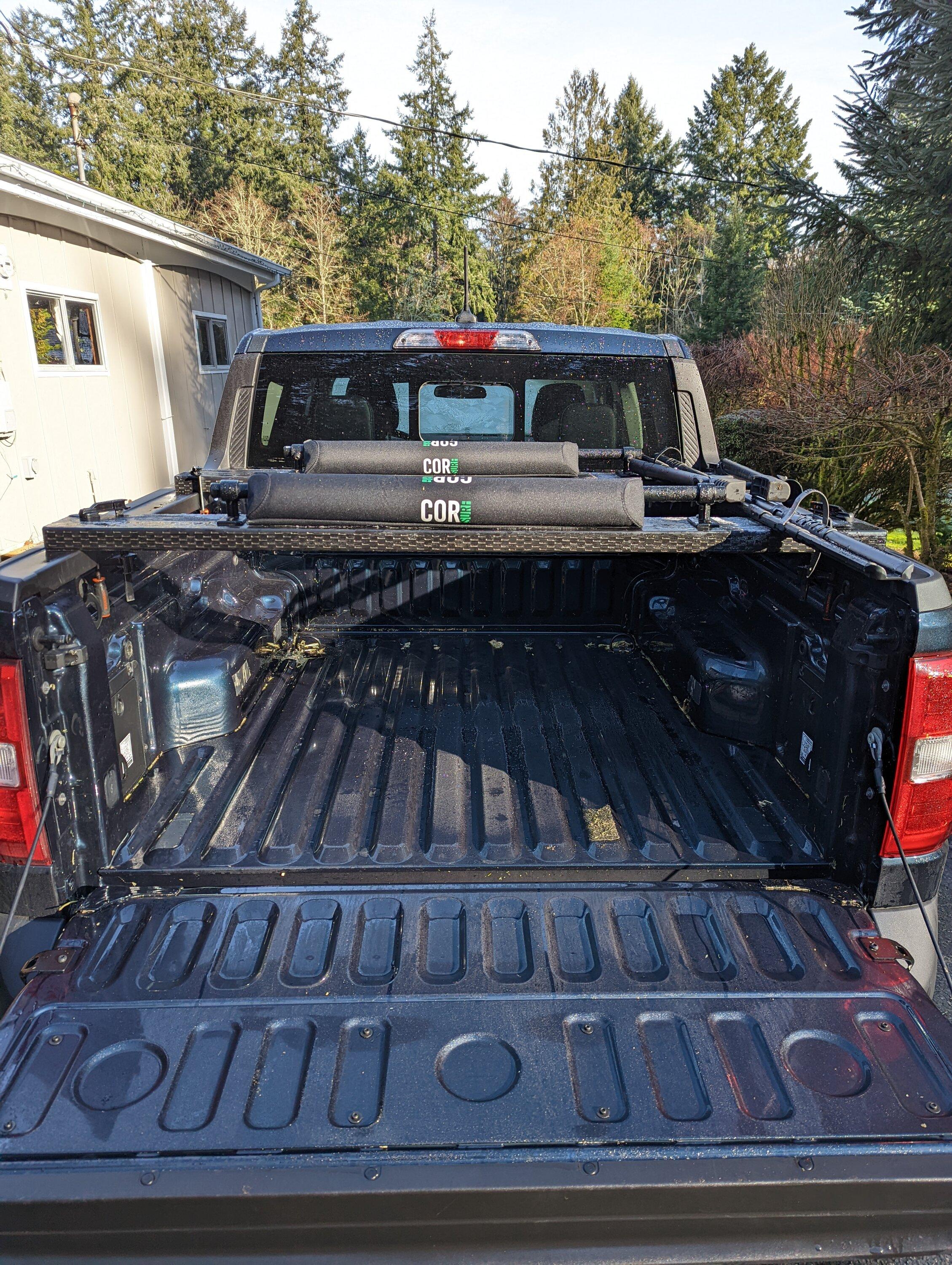Ford Maverick Set for adventure... Yakima Space Cadet installed on my DIY rear bed rack Back Shot
