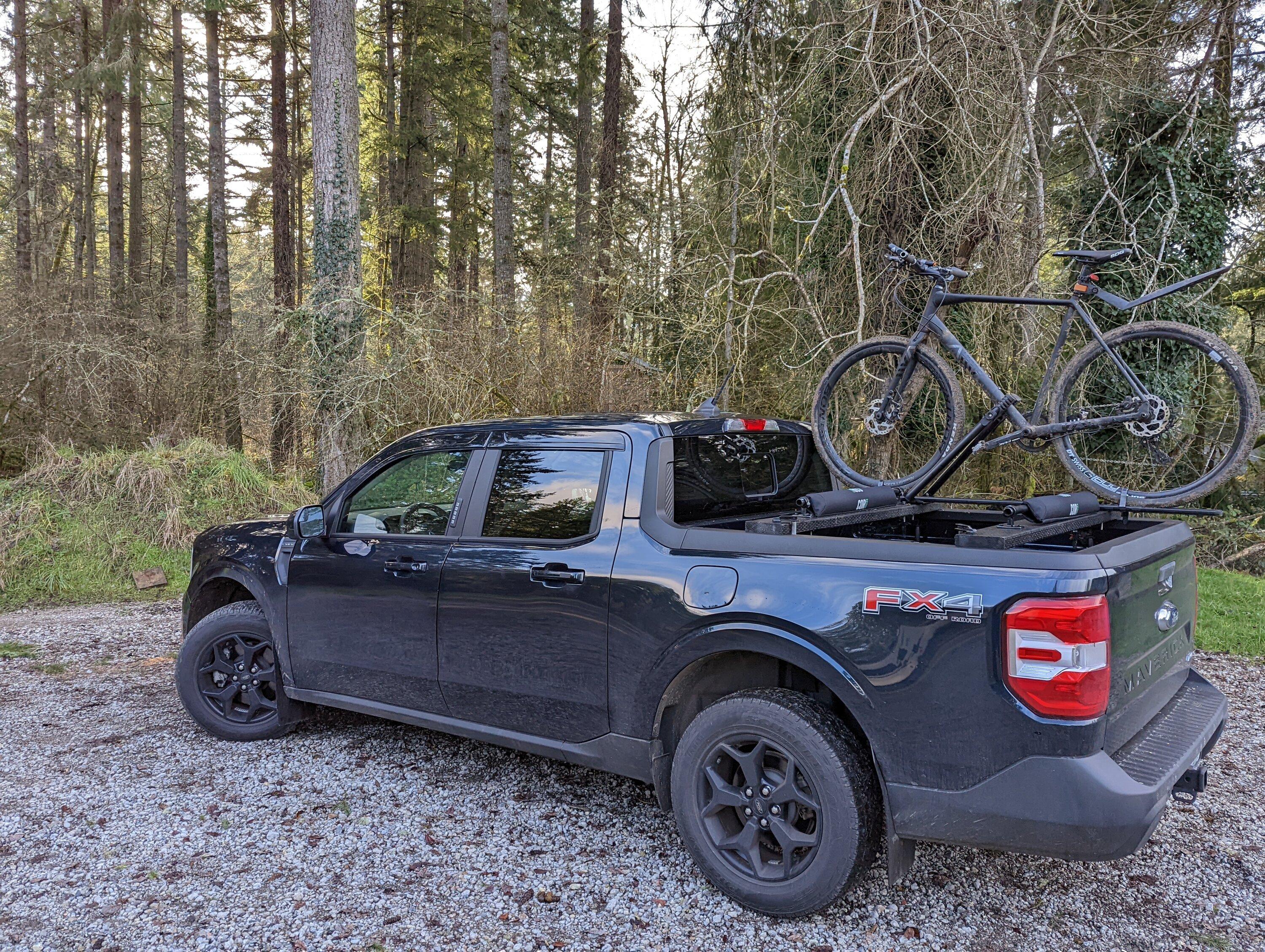 Ford Maverick Set for adventure... Yakima Space Cadet installed on my DIY rear bed rack Bike on