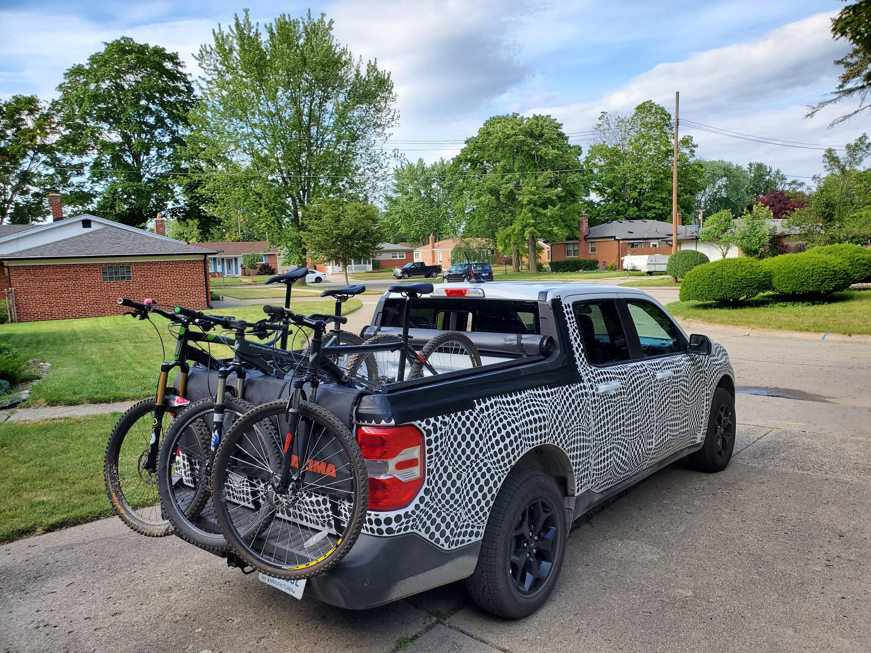 Ford Maverick Fitting bike in the bed 3 bikes loaded rear view