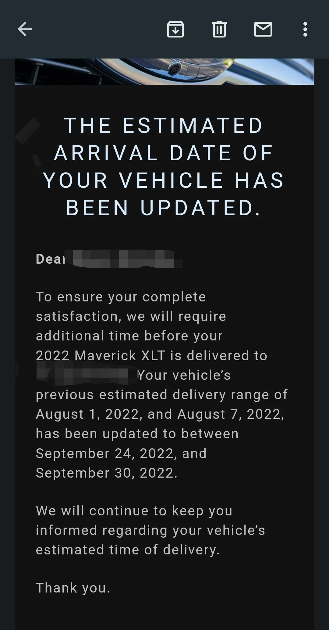 Ford Maverick Ford Updated My Delivery Date... Screenshot_20220810-093240_Gmail