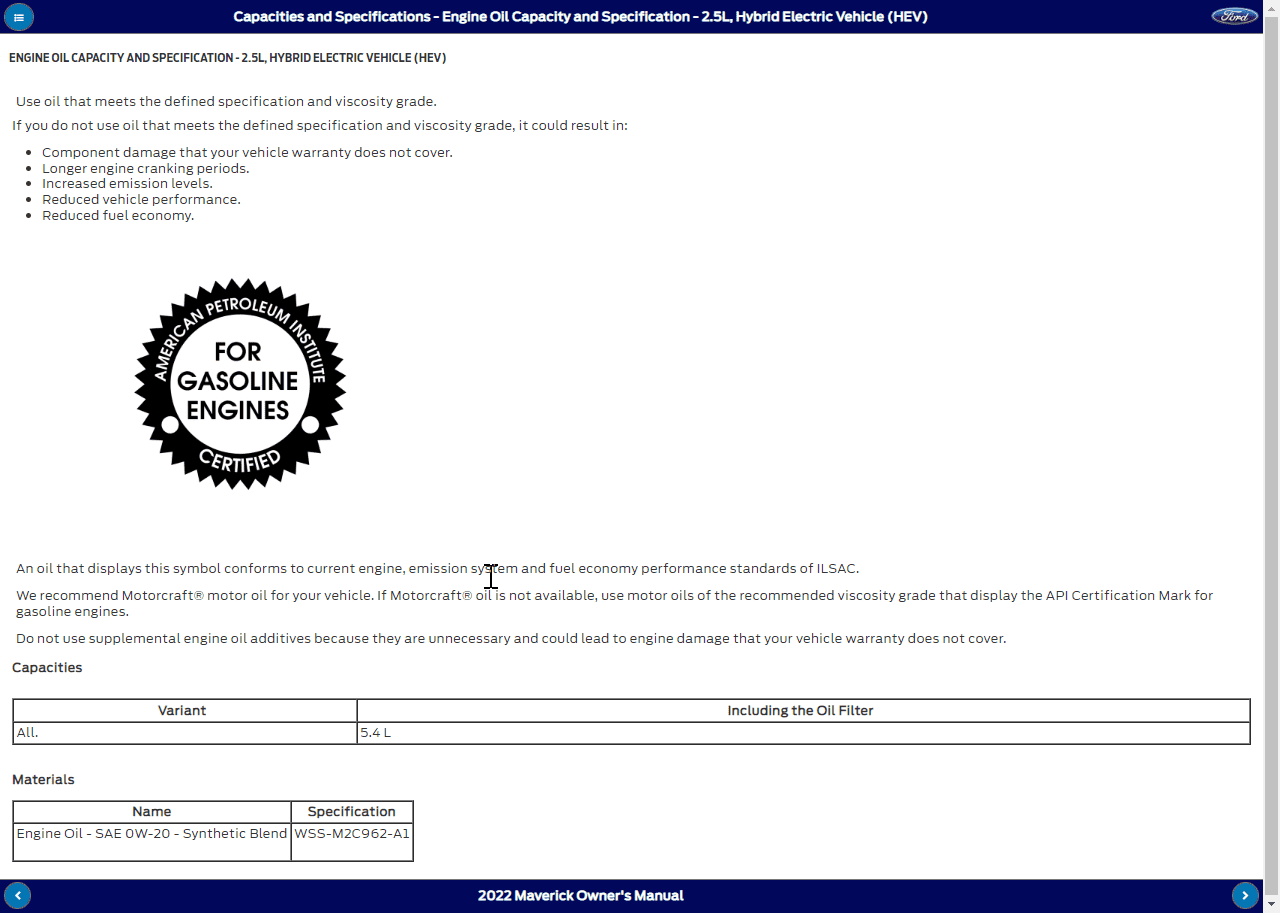 Ford Maverick Engine Oil Type Owners Manual Version Mismatch From the Ford website