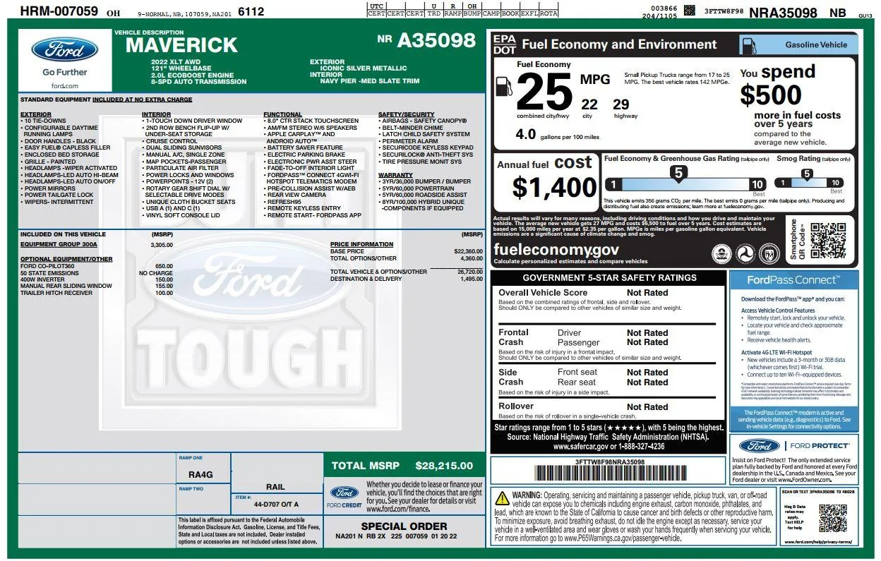 Ford Maverick SOLD!! SILVER XLT EB AWD! $31,000 6,500 miles WINDOW STICKER