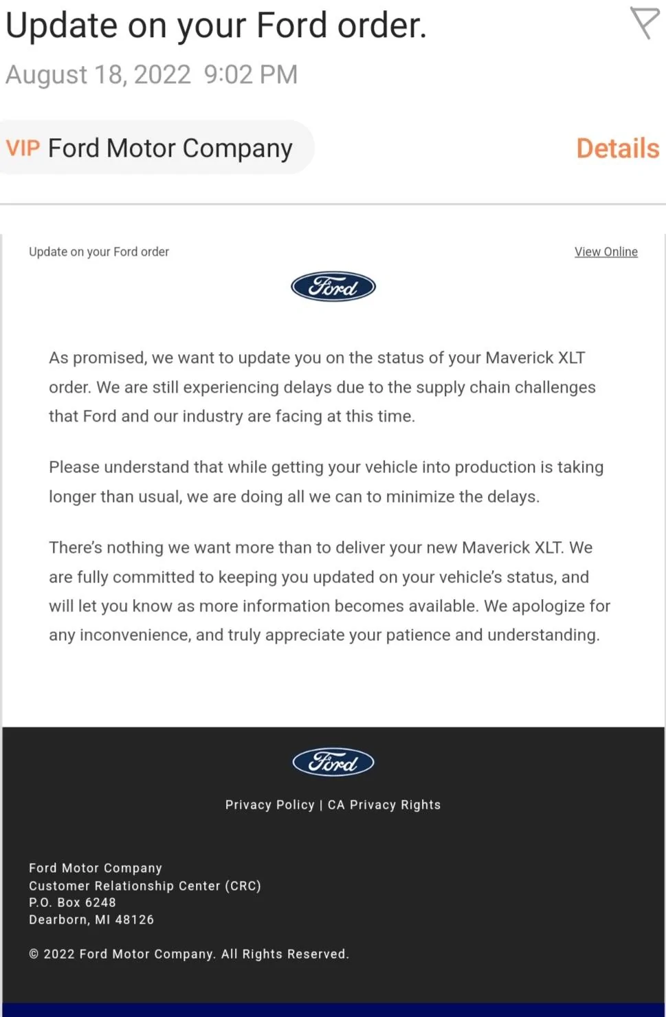 Ford Maverick November Hybrid Orders United Screenshot_20220818-215353_Email