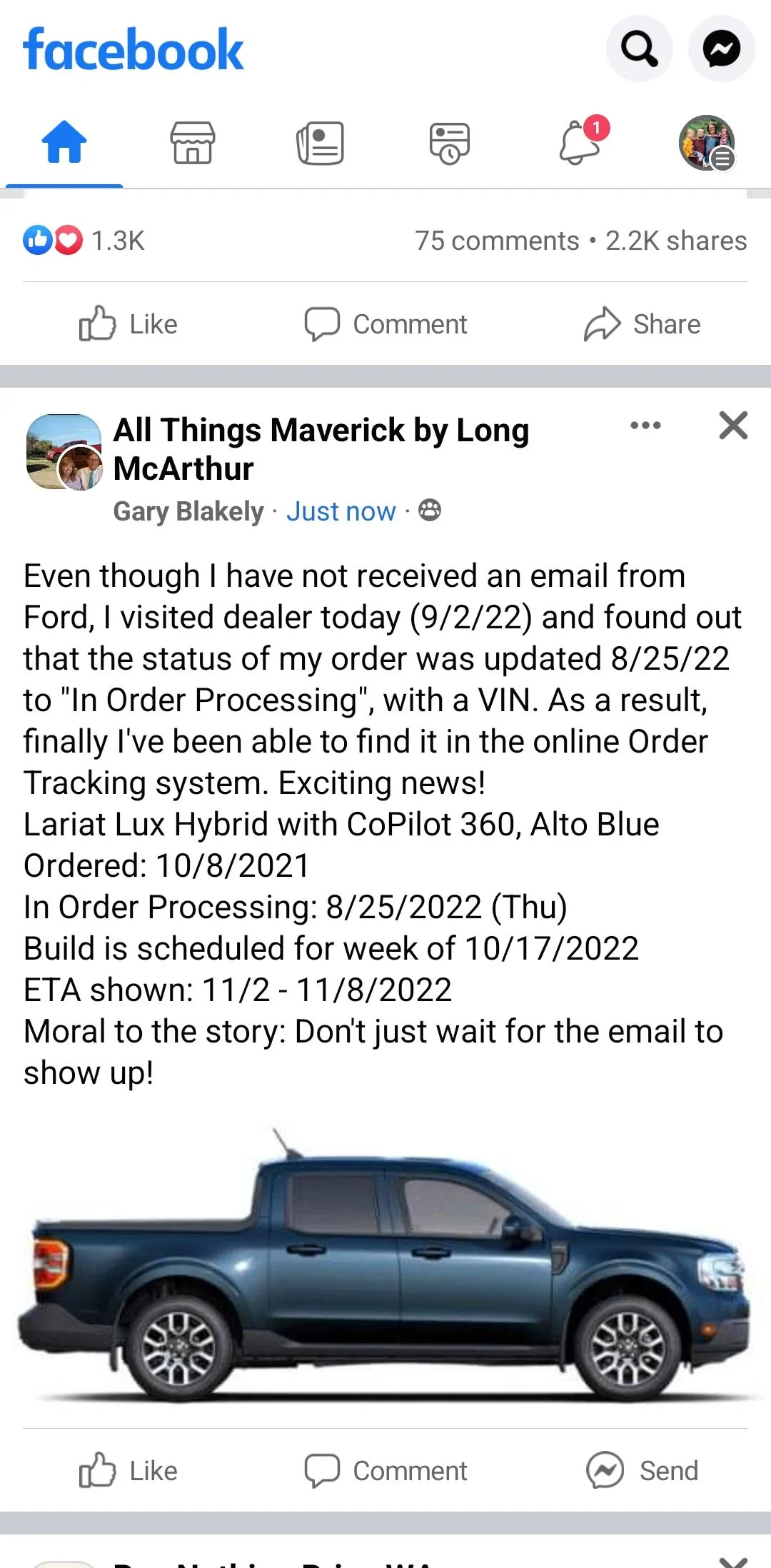 Ford Maverick Anyone ever been quoted a 2 month ETA from production? Screenshot_20220902-102017_Facebook