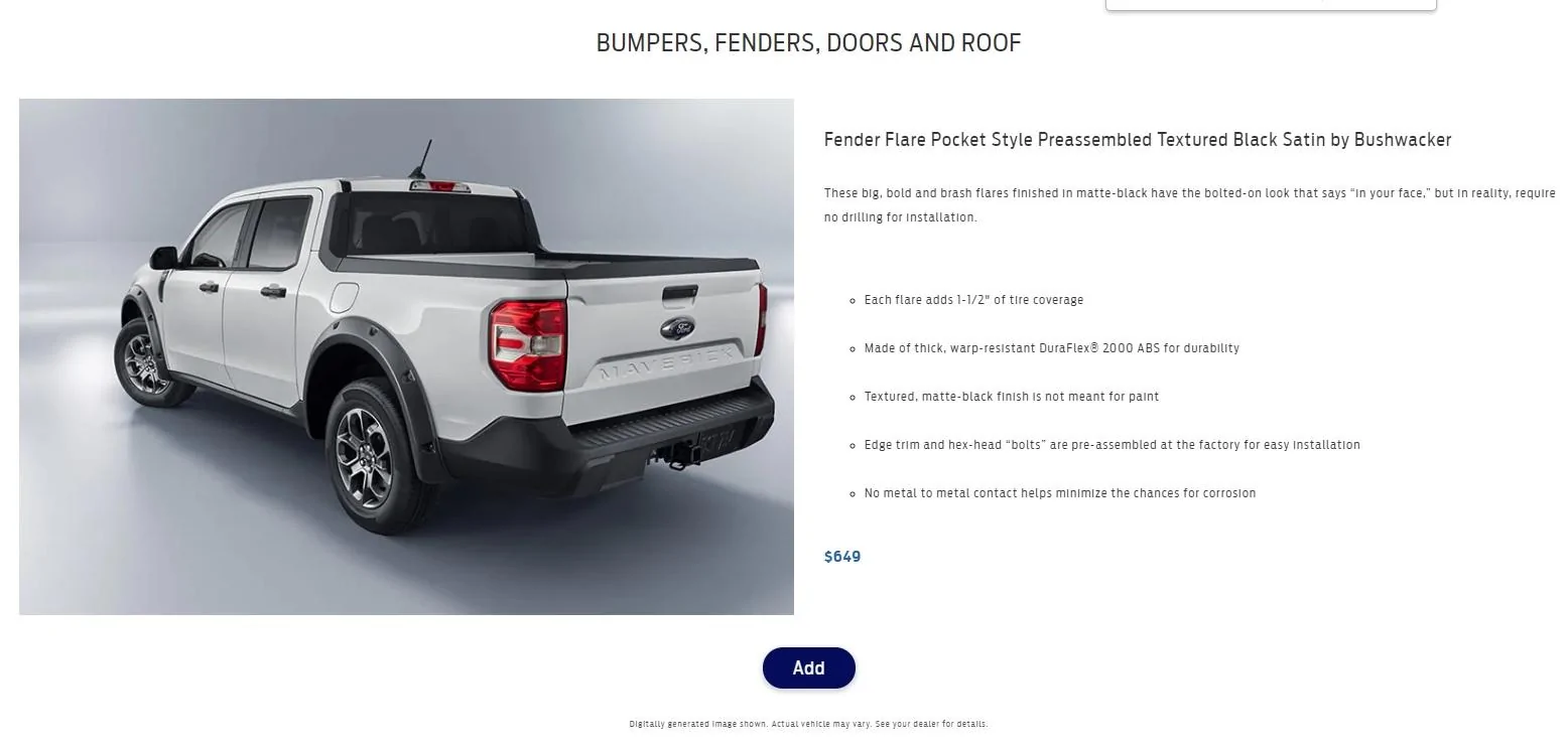 Ford Maverick Fender Flare Pocket Style Preassembled Textured Black Satin by Bushwacker MAVR