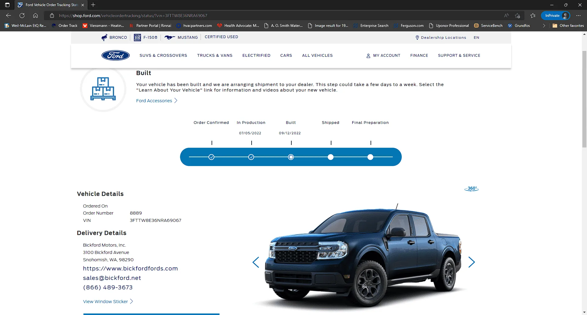Ford Maverick Your 2022 Maverick XLT has been "Built" and is currently awaiting shipment. 1663040663254