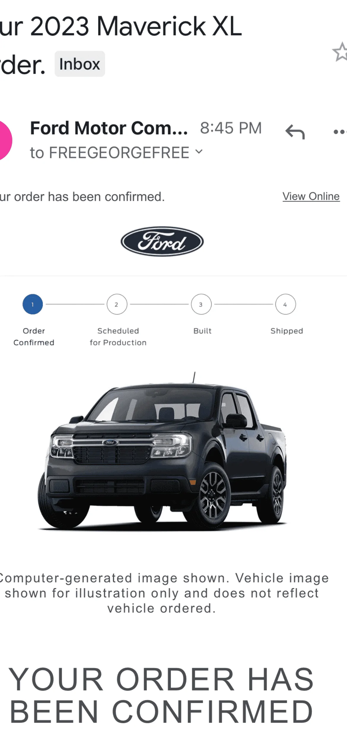 Ford Maverick Received 2023 order has been confirmed email 2AE9CF58-EE15-4FBC-AF61-412FABD78BFF