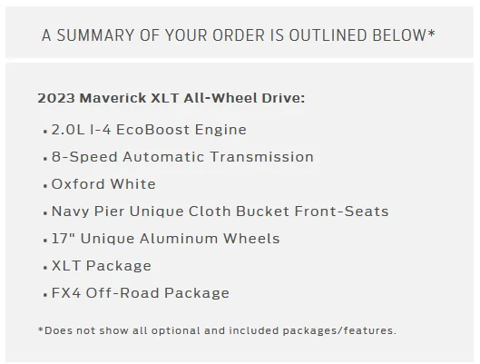 Ford Maverick 2023 Maverick XLT FX4 AWD Order Placed Screenshot 2022-09-16 141332