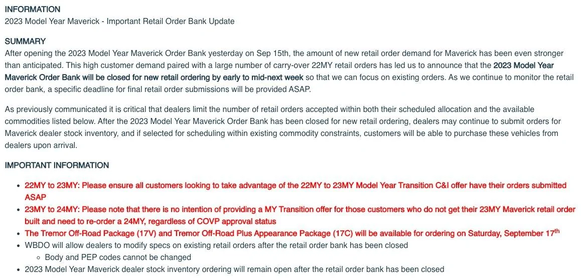 Ford Maverick COVP Process? Order Bank Closing