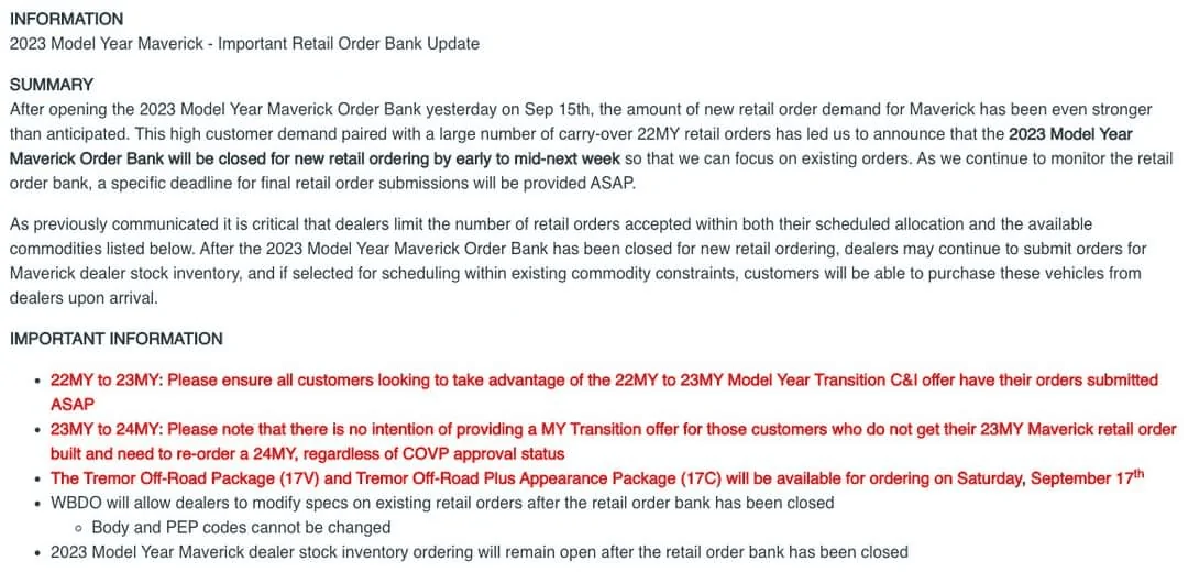 Ford Maverick 2023 Maverick Retail Order Banks Closing Next Week + Tremor Package Ordering Starts Tomorrow (9/17) 1663412457338