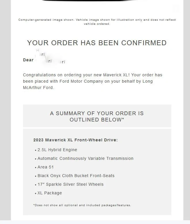 Ford Maverick Email received after 23 order? longford