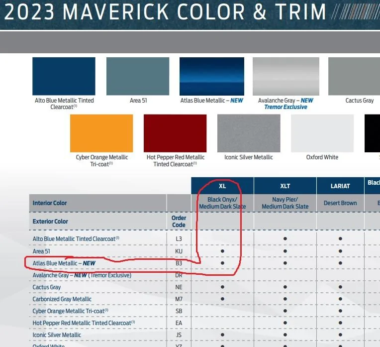 Ford Maverick Ordering info for Atlas Blue and Tremor Package (as of 9/17/22) order_guid