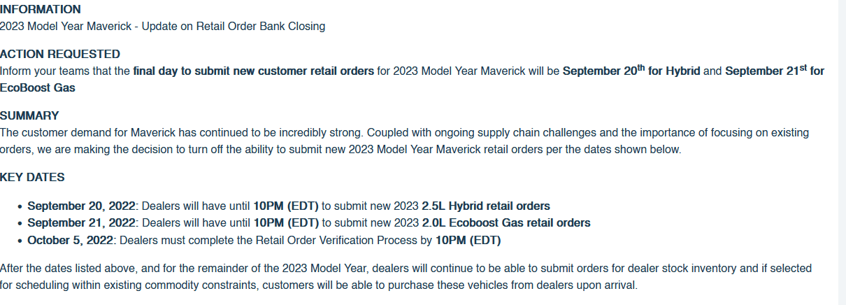 Ford Maverick ⛔️ Official bulletin: 2023 Maverick order banks closing on 9/20 (Hybrid) and 9/21 (EcoBoost) 1663621487800