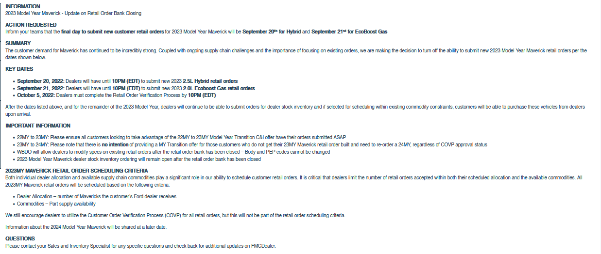 Ford Maverick ⛔️ Official bulletin: 2023 Maverick order banks closing on 9/20 (Hybrid) and 9/21 (EcoBoost) 1663623290984-
